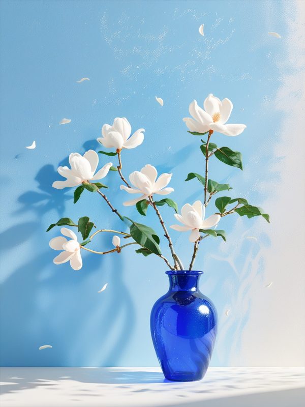 3D极简蓝色透明花瓶白玉兰鲜花广告摄影海报奇域ai绘画关键词咒语-Ai宇宙吧-