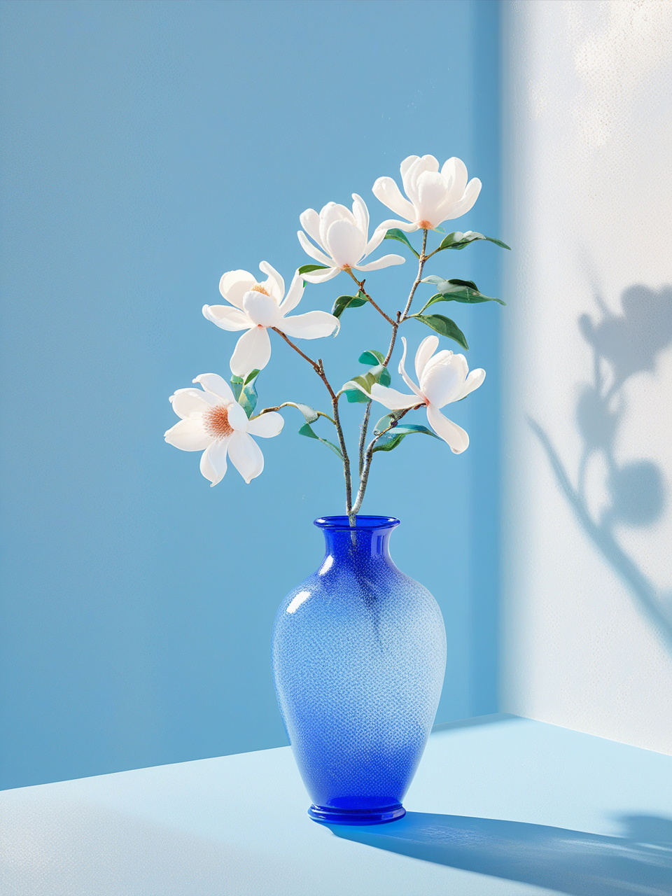 3D极简蓝色透明花瓶白玉兰鲜花广告摄影海报奇域ai绘画关键词咒语 - Ai宇宙吧--Ai宇宙吧-