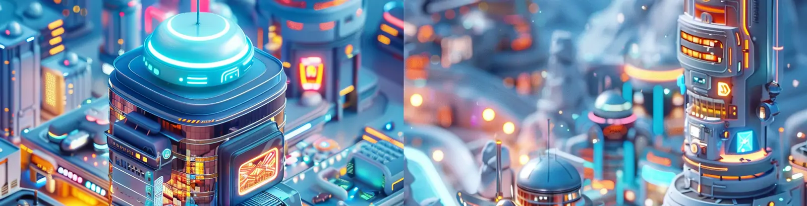 3D卡通未来科技城市建筑商场购物中心立体模型midjourney关键词咒语