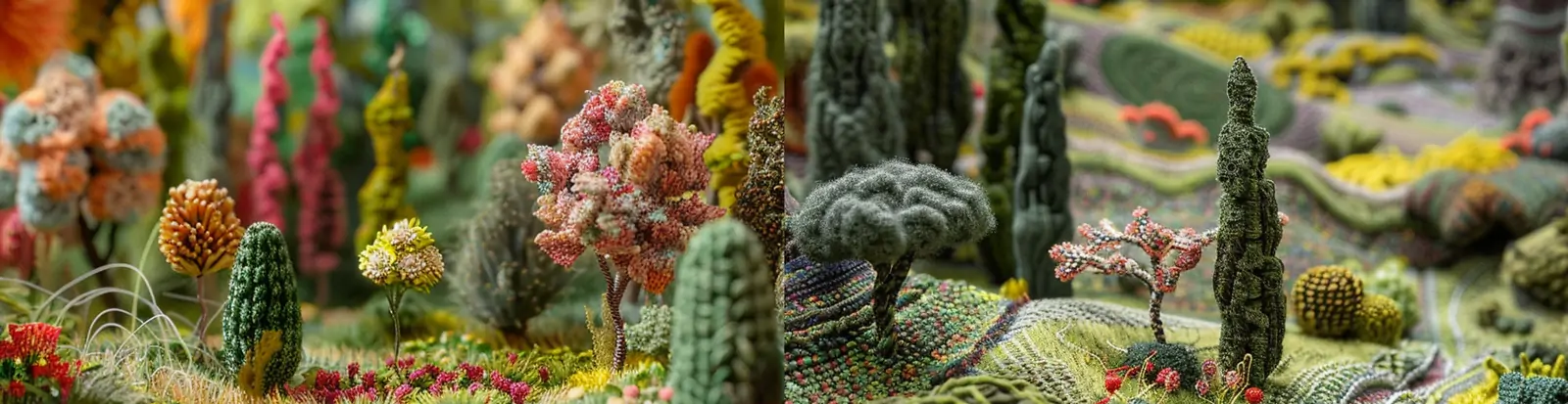手工针织纱场绿色植物树木场景立体工艺品模型midjourney关键词咒语
