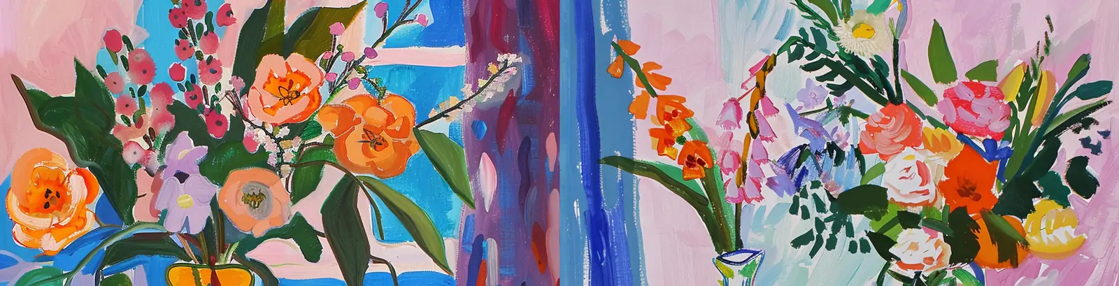 手绘彩色亨利·马蒂斯风格餐桌鲜花水果静物画水粉画midjourney关键词咒语