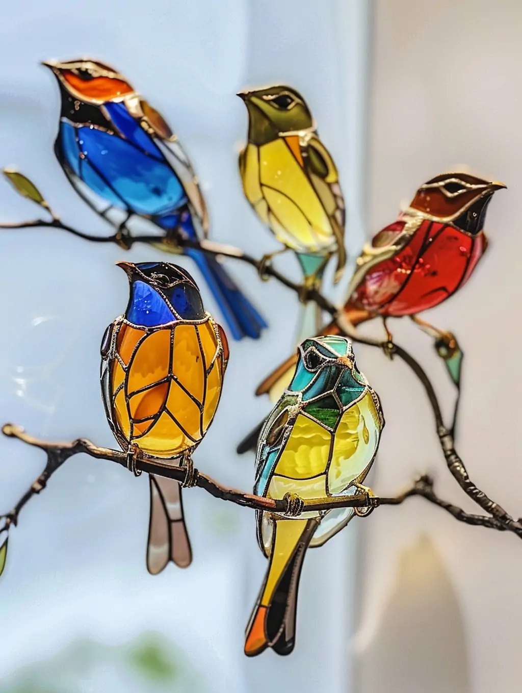 彩色玻璃水晶鸟站在树枝上艺术工艺品模型midjourney关键词咒语 - Ai宇宙吧--Ai宇宙吧-