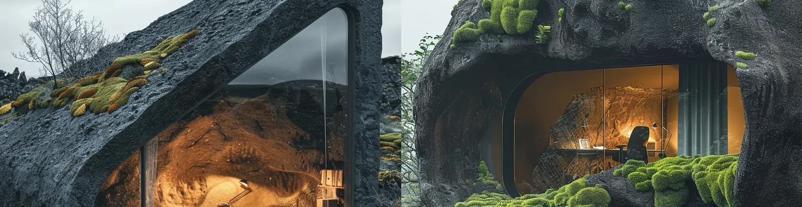 创意黑色玄武岩石自然森林景观办公室场景海报midjourney关键词咒语