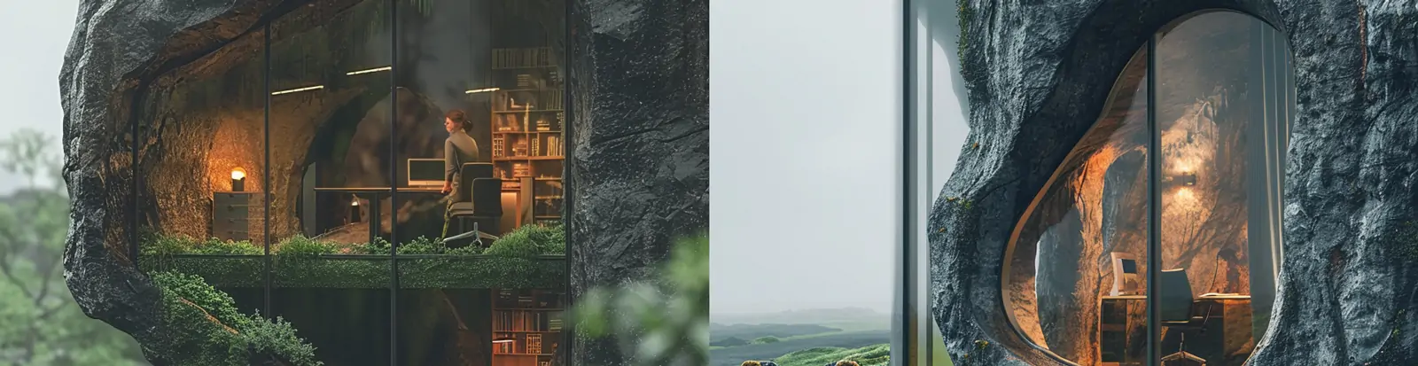 创意黑色玄武岩石自然森林景观办公室场景海报midjourney关键词咒语