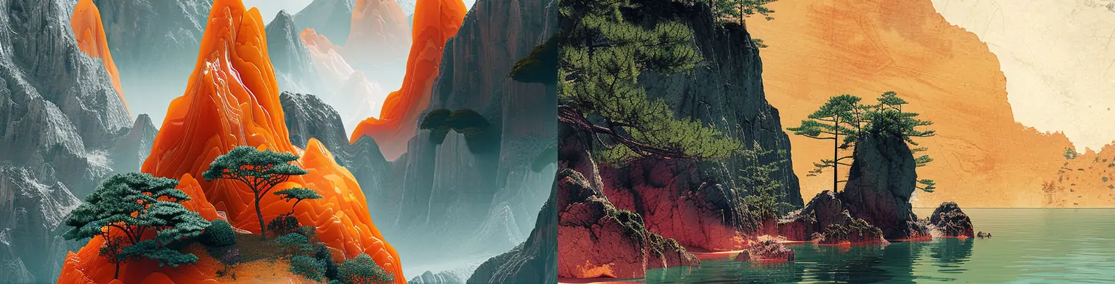 中国风自然山水红色岛屿海滩宁静氛围场景摄影海报midjourney关键词咒语