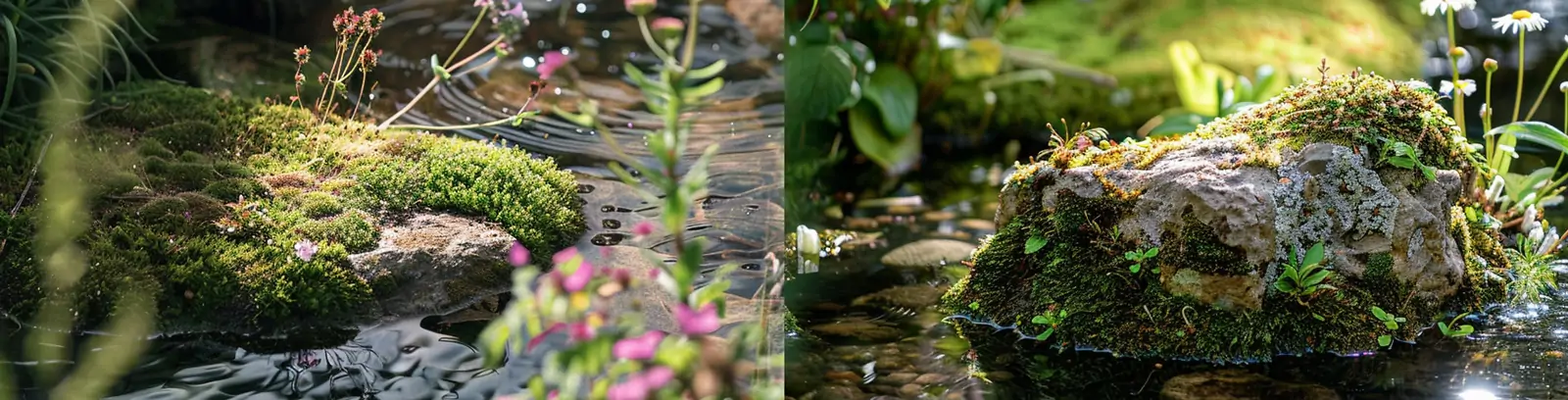 自然岩石苔藓鲜花植物池塘小溪水波纹摄影海报midjourney关键词咒语