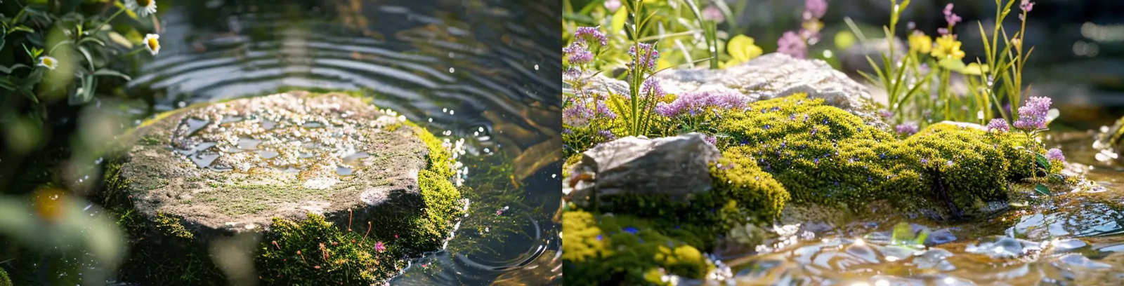 自然岩石苔藓鲜花植物池塘小溪水波纹摄影海报midjourney关键词咒语