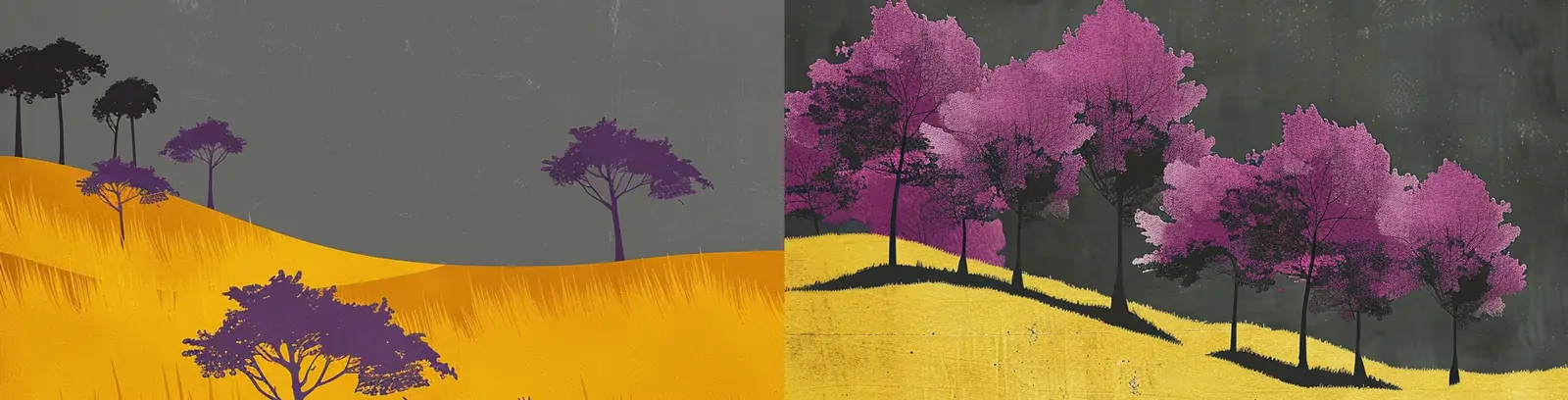 极简主义手绘自然黄色草地树木小鹿场景插图绘画海报midjourney关键词咒语