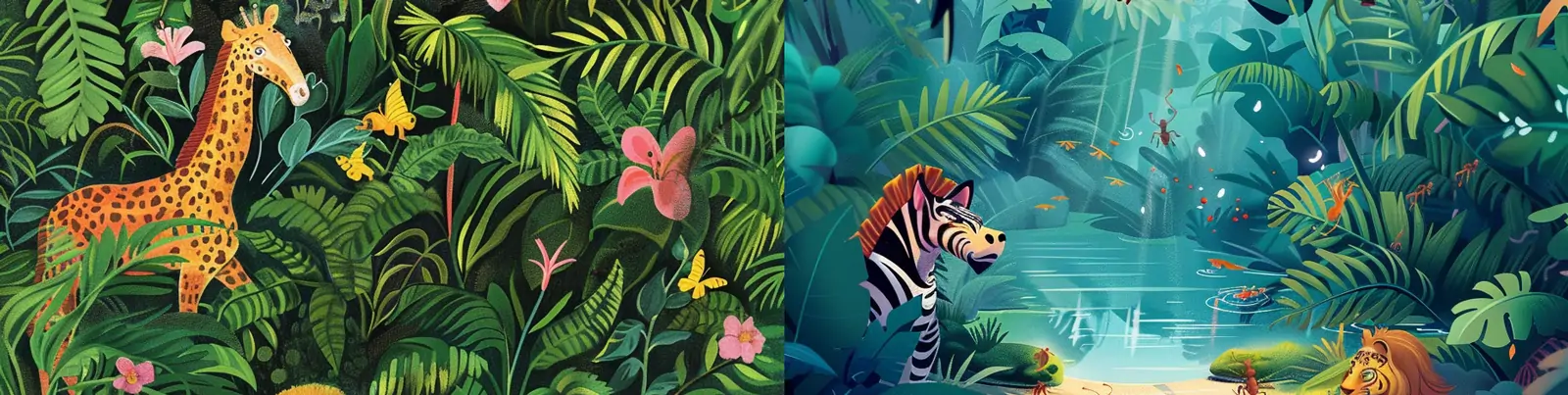 手绘可爱卡通儿童丛林森林动物世界书籍插图海报midjourney关键词咒语