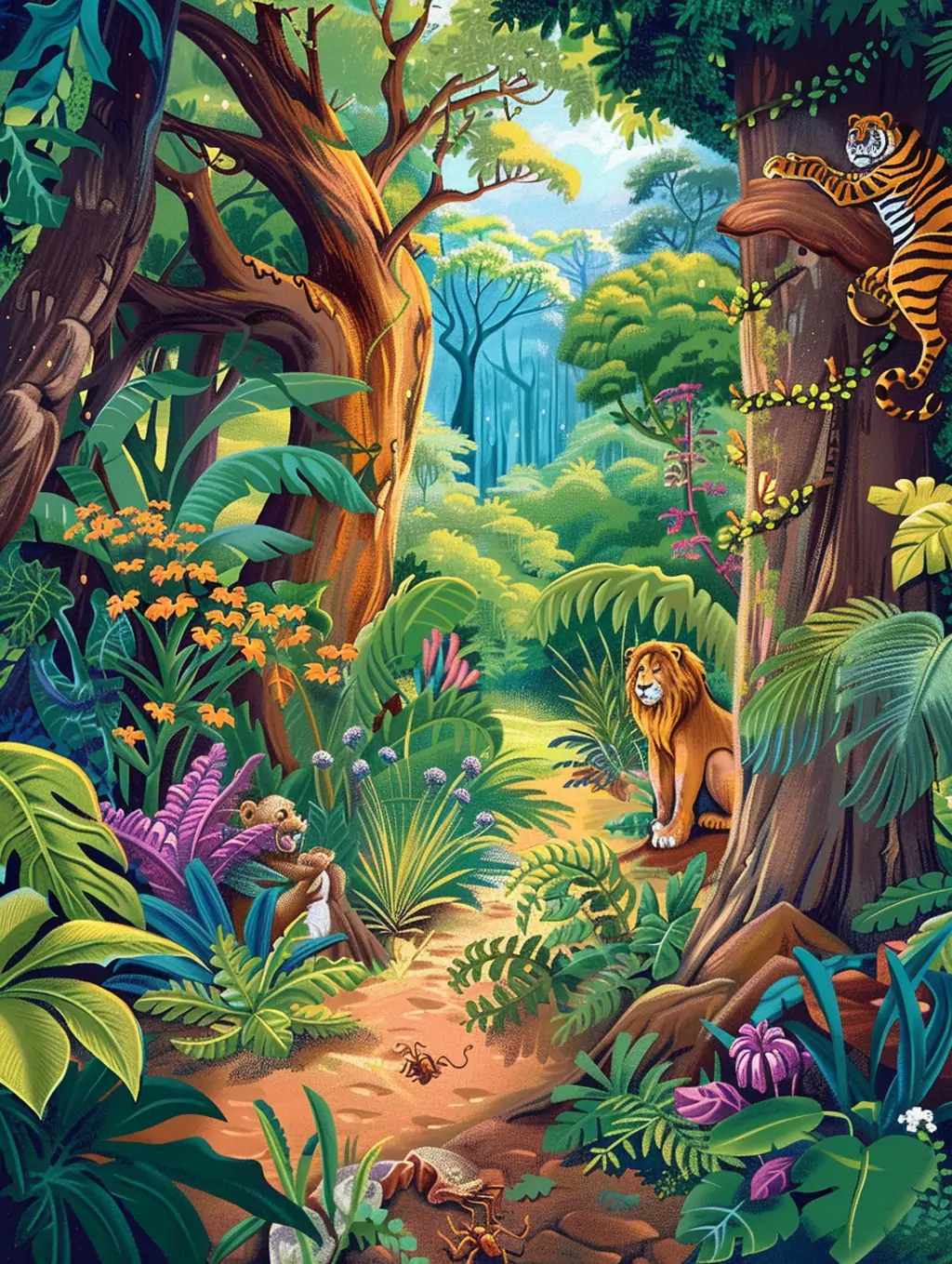 手绘可爱卡通儿童丛林森林动物世界书籍插图海报midjourney关键词咒语 - Ai宇宙吧--Ai宇宙吧-