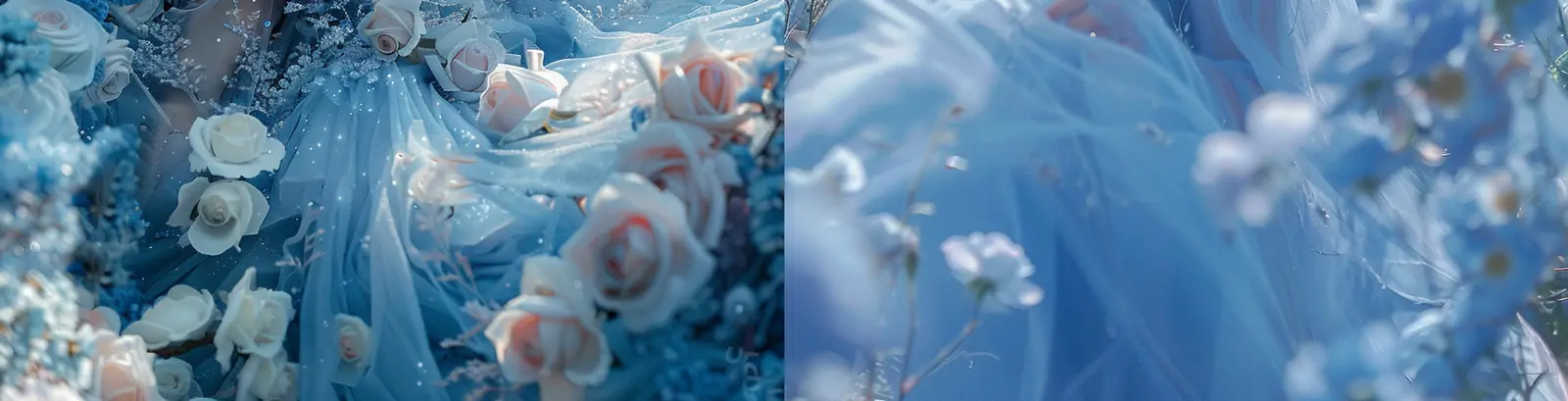 蓝色长裙美女鲜花婚纱照艺术写真摄影海报midjourney关键词咒语