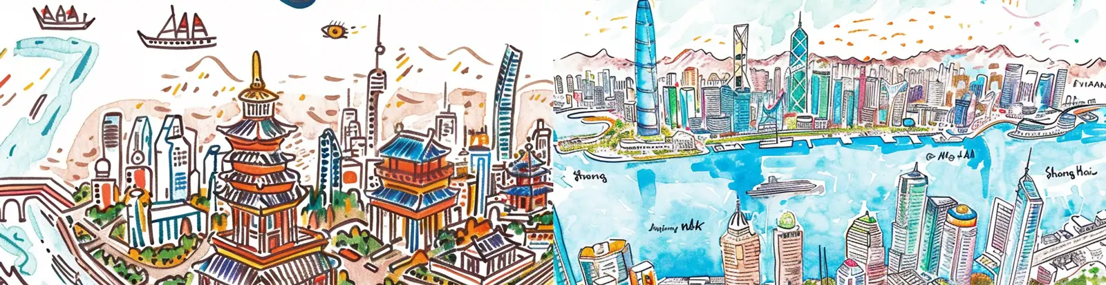 手绘现代城市地标建筑上海鸟瞰图地图艺术插图绘画海报midjourney关键词咒语