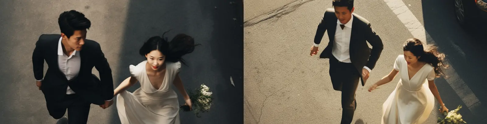 创意情侣奔跑婚纱照俯视图艺术摄影海报midjourney关键词咒语