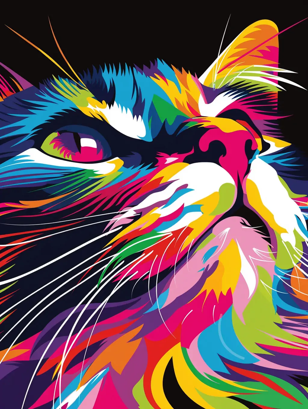 手绘彩色猫咪面部细节特写矢量艺术插图绘画海报midjourney关键词咒语 - Ai宇宙吧--Ai宇宙吧-