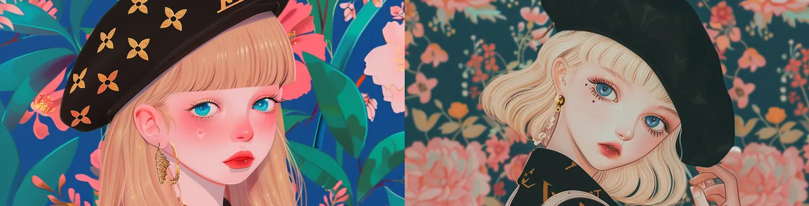 手绘精致LV拜金女孩肖像动漫人物插图绘画海报midjourney关键词咒语