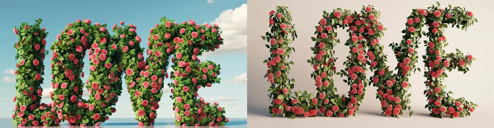 创意3D玫瑰鲜花植物英文字母love立体模型midjourney关键词咒语