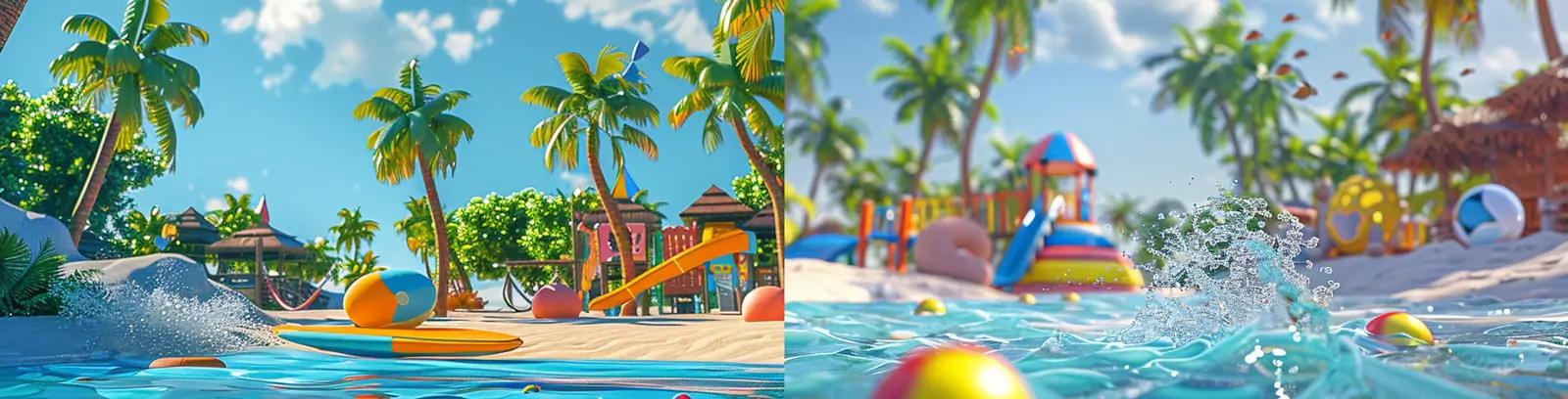 3D立体夏天皮克斯卡通风格海边大海沙滩游乐场插图海报midjourney关键词咒语