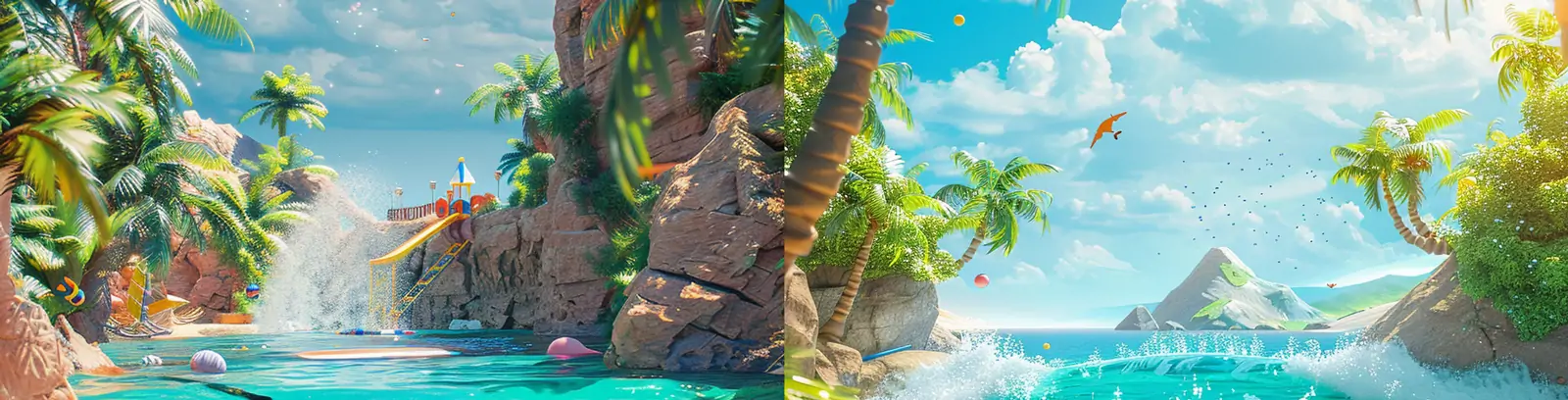 3D立体夏天皮克斯卡通风格海边大海沙滩游乐场插图海报midjourney关键词咒语