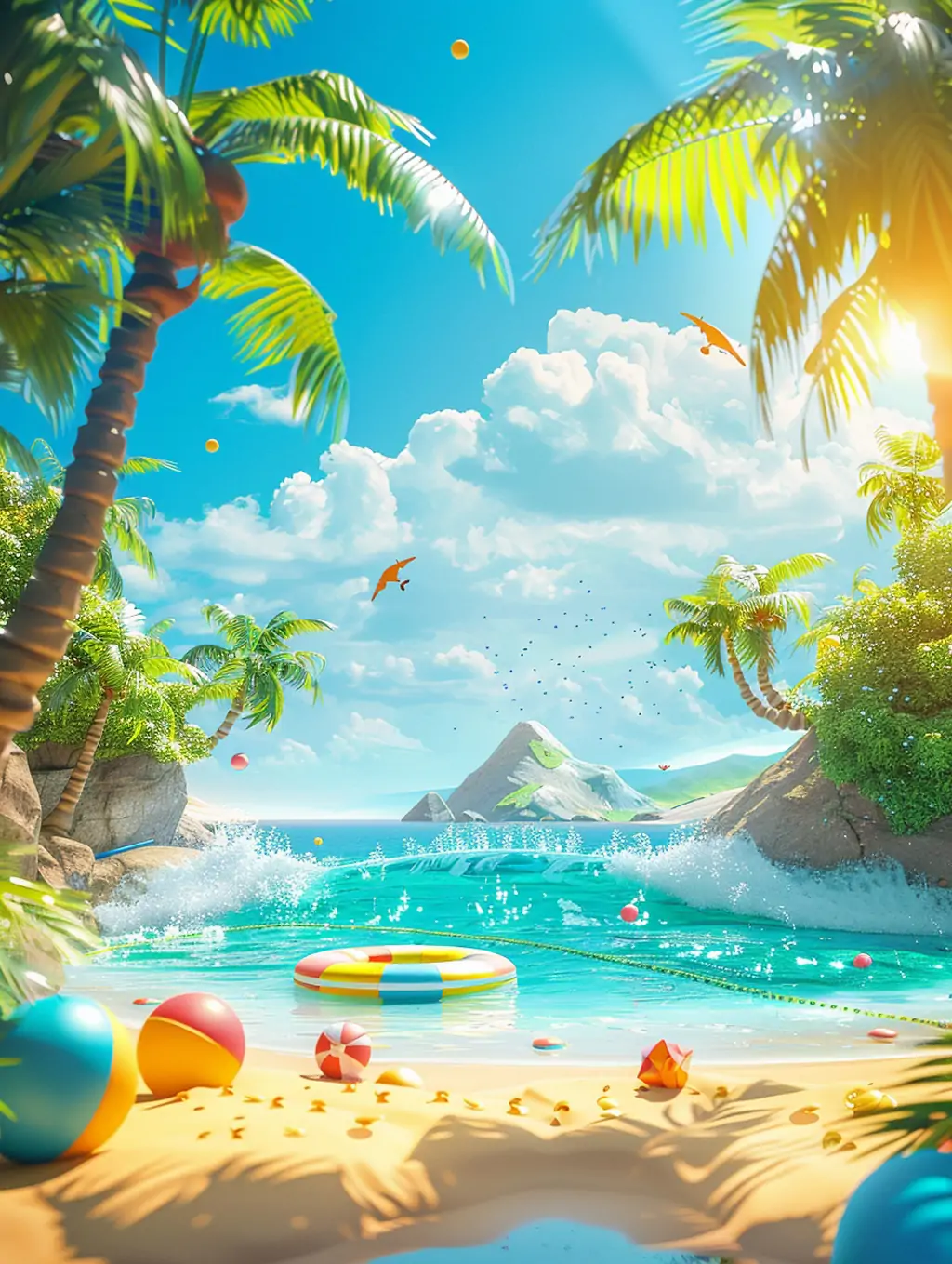 3D立体夏天皮克斯卡通风格海边大海沙滩游乐场插图海报midjourney关键词咒语 - Ai宇宙吧--Ai宇宙吧-