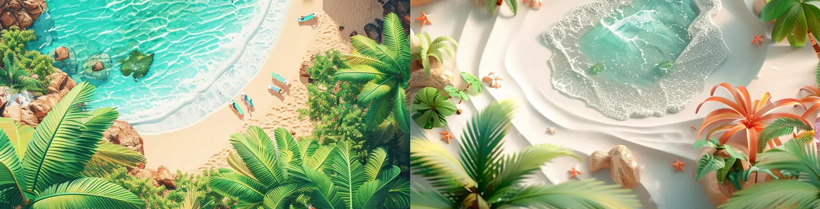 3D立体夏天热带海边大海沙滩海浪鸟瞰图场景摄影海报midjourney关键词咒语