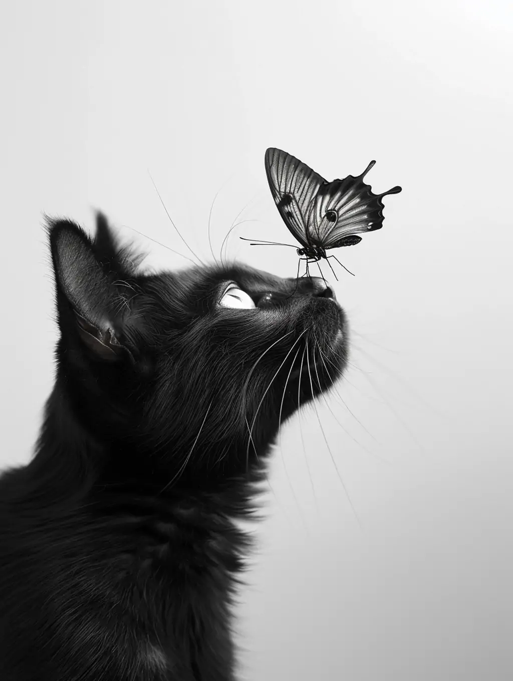 可爱黑色猫咪鼻子上的蝴蝶特写摄影海报midjourney关键词咒语 - Ai宇宙吧--Ai宇宙吧-