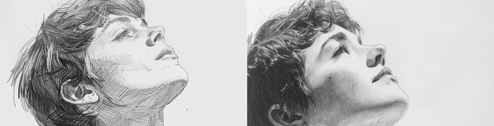 手绘仰望天空短发女孩铅笔素描人物绘画midjourney关键词咒语