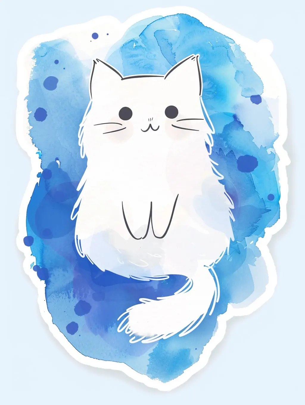 手绘可爱卡通猫咪白猫蓝色水彩背景贴纸插图绘画海报midjourney关键词咒语 - Ai宇宙吧--Ai宇宙吧-