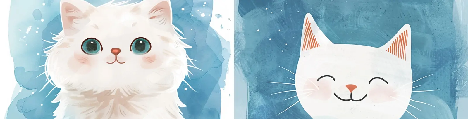 手绘可爱卡通猫咪白猫蓝色水彩背景贴纸插图绘画海报midjourney关键词咒语
