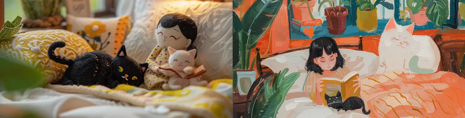 可爱童话女孩猫咪羊毛毡世界公寓卧室场景插图绘画海报midjourney关键词咒语