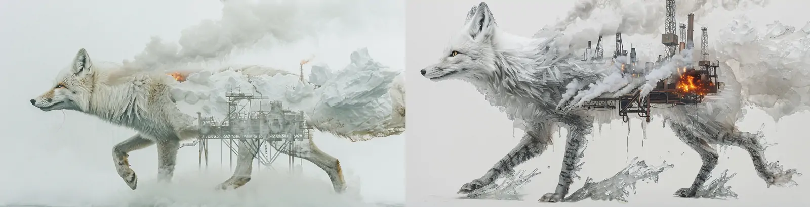 超现实主义北极狐工业背景双重曝光艺术合成海报midjourney关键词咒语