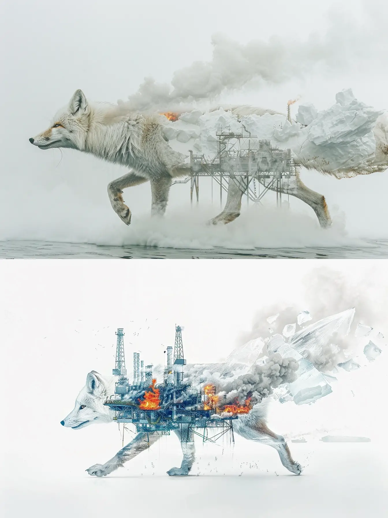 超现实主义北极狐工业背景双重曝光艺术合成海报midjourney关键词咒语 - Ai宇宙吧--Ai宇宙吧-