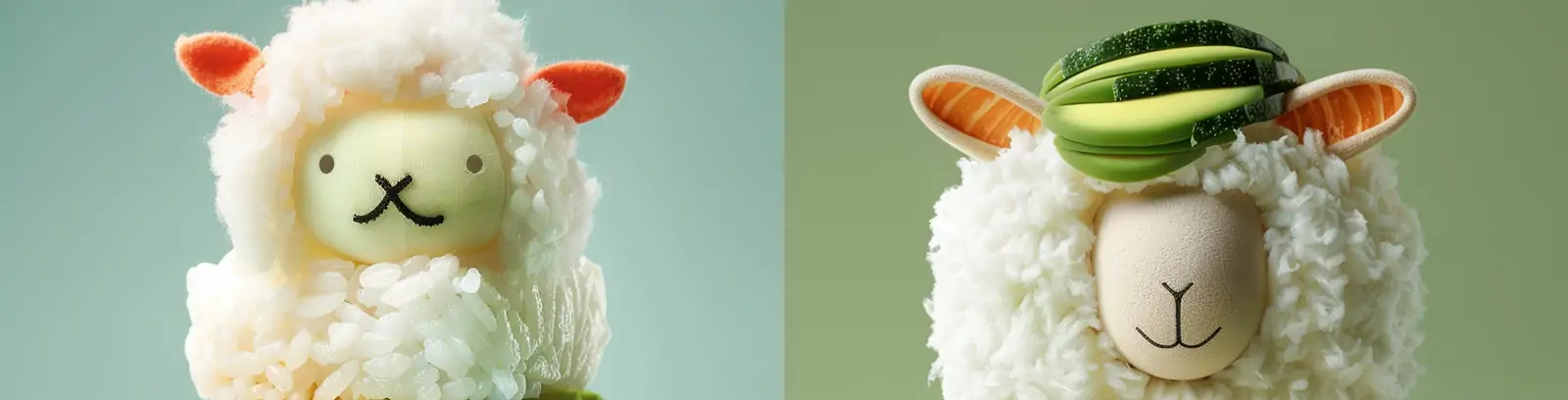 创意逼真立体鳄梨米饭寿司动物绵羊模型摄影海报midjourney关键词咒语