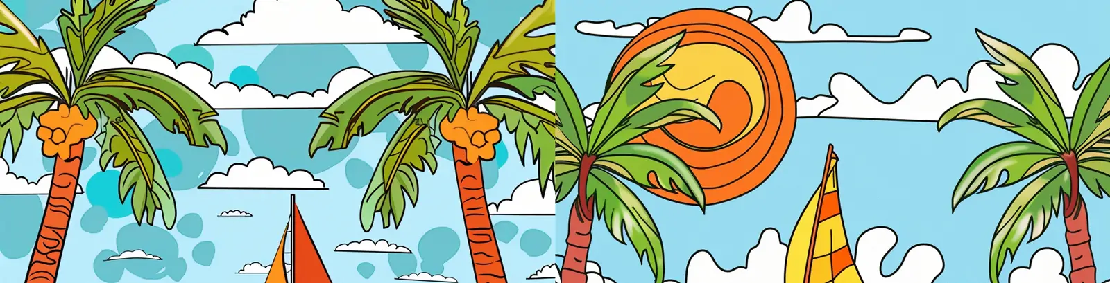 手绘卡通彩色夏天大海沙滩面包车棕榈树场景插图绘画海报midjourney关键词咒语