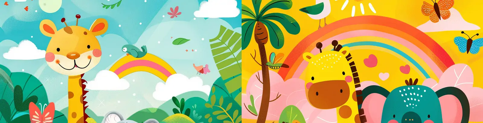 手绘可爱卡通儿童森林动物长颈鹿大象狮子图案插图midjourney关键词咒语