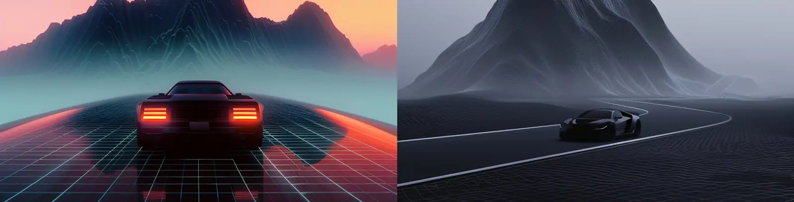 现代极简主义动感汽车道路行驶自然山脉场景摄影海报midjourney关键词咒语