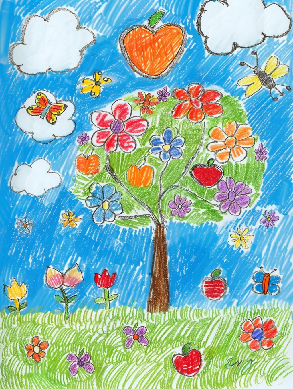 手绘儿童彩色鲜花树木艺术线条插图绘画midjourney关键词咒语 - Ai宇宙吧--Ai宇宙吧-