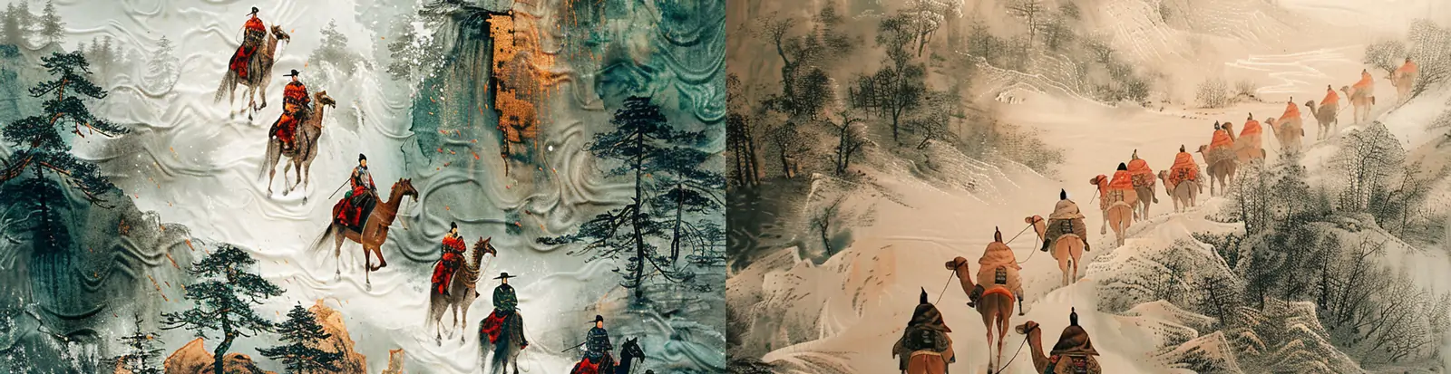 中国风起伏绸缎丝绸之路微缩景观立体图案海报midjourney关键词咒语