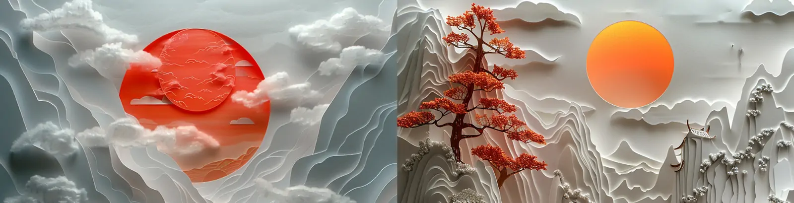 创意剪纸艺术自然山水太阳风景现代东方艺术海报midjourney关键词咒语