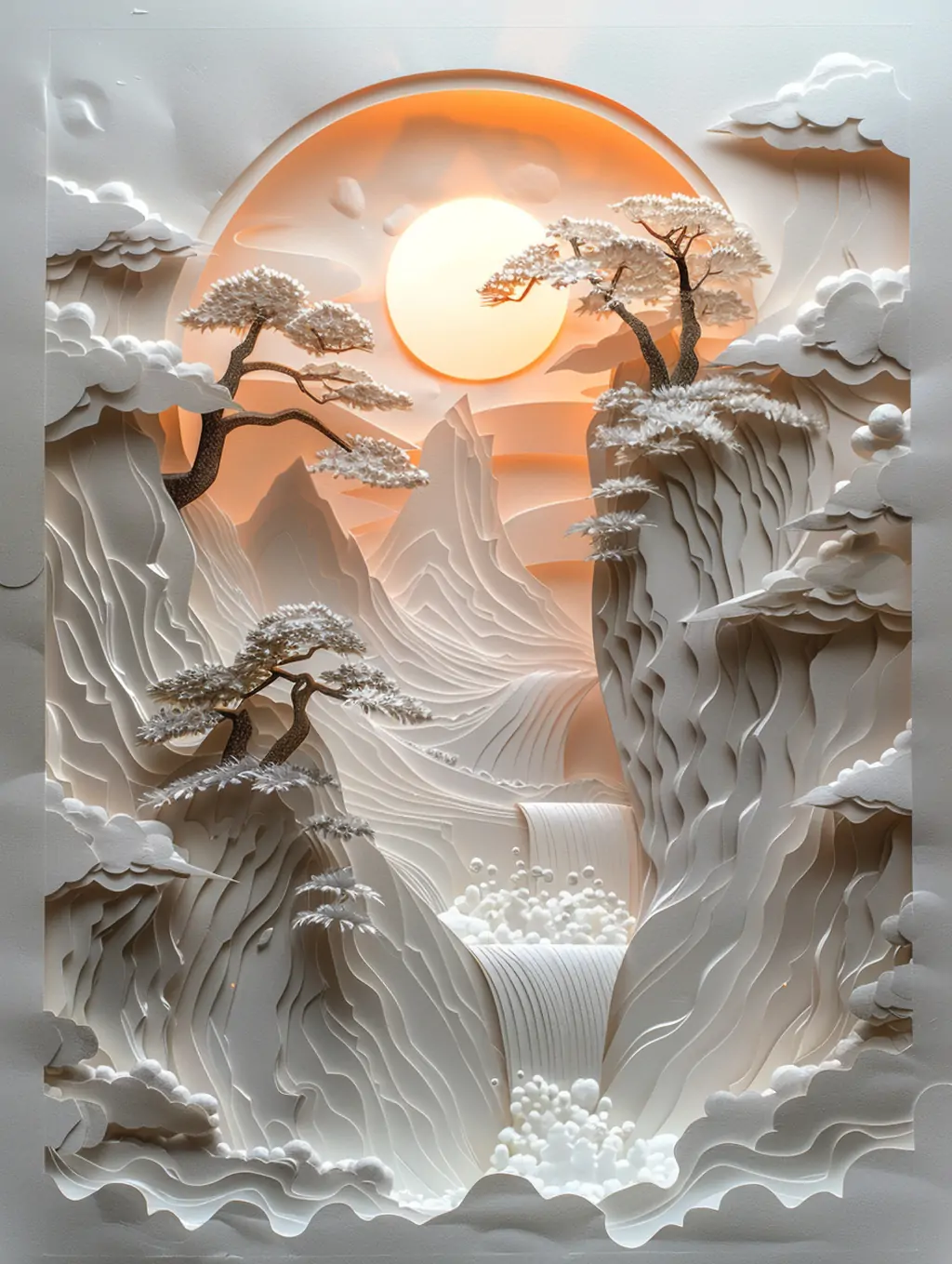 创意剪纸艺术自然山水太阳风景现代东方艺术海报midjourney关键词咒语-Ai宇宙吧-