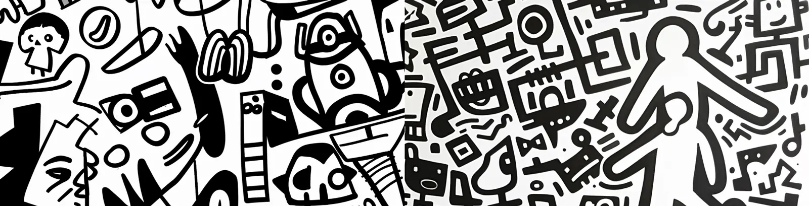 手绘黑白艺术线条可爱涂鸦人物篮球滑板几何插图midjourney关键词咒语