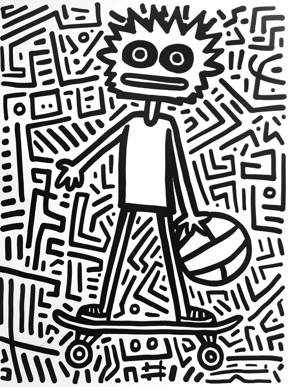 手绘黑白艺术线条可爱涂鸦人物篮球滑板几何插图midjourney关键词咒语 - Ai宇宙吧--Ai宇宙吧-