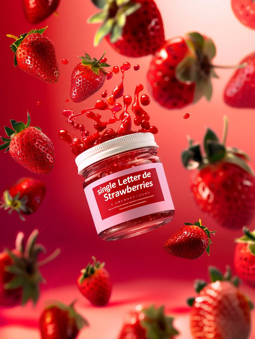 创意红色新鲜草莓酱美食产品广告摄影海报midjourney关键词咒语-Ai宇宙吧-