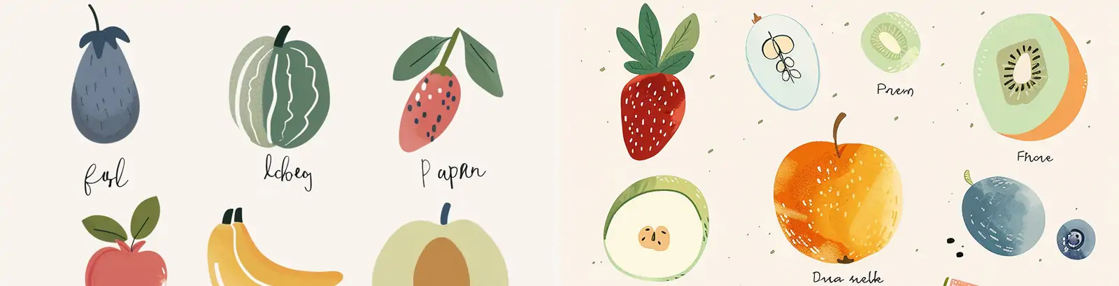 手绘新鲜水果苹果西瓜蓝莓香蕉线条插图绘画midjourney关键词咒语