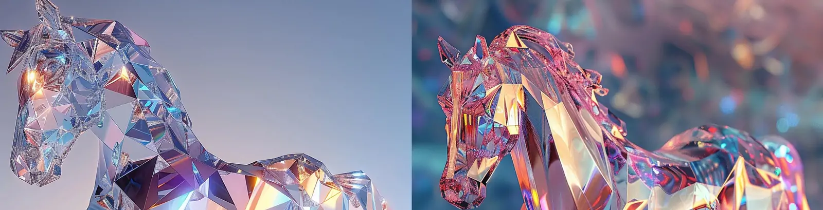 3D立体彩色透明水晶玻璃钻石动物小马模型摄影海报midjourney关键词咒语