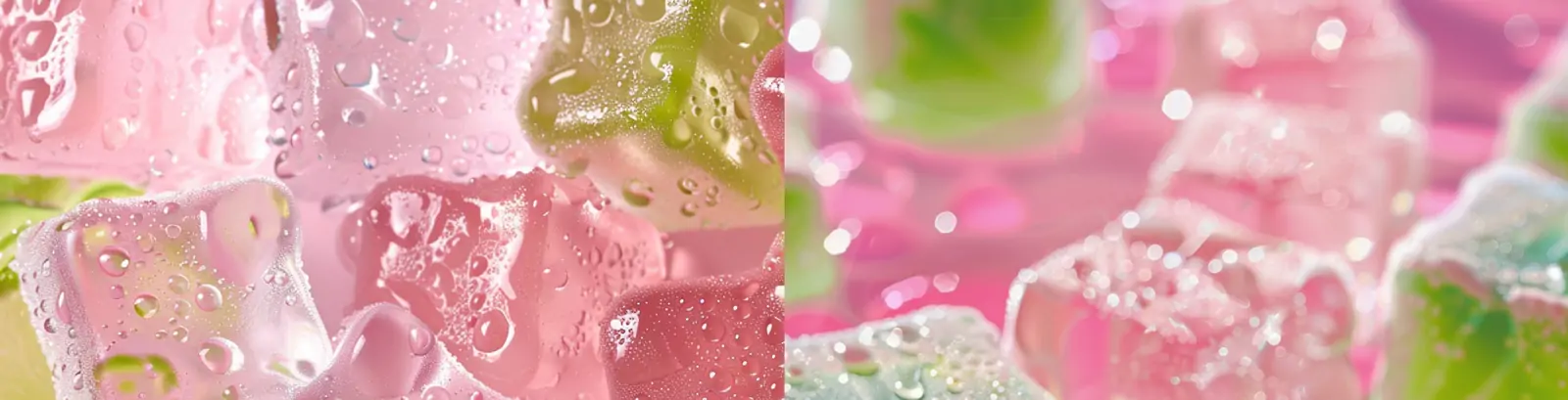 粉色绿色半透明小熊软糖冰块糖果主题壁纸海报背景midjourney关键词咒语