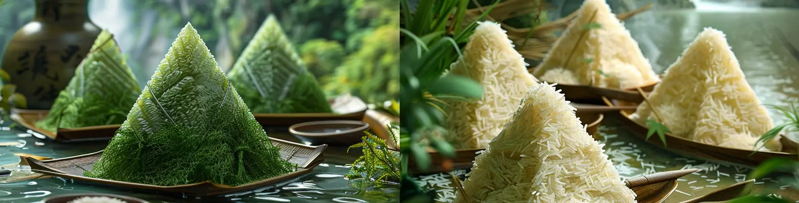 超现实主义端午节粽子糯米河流小山自然风景场景海报midjourney关键词咒语