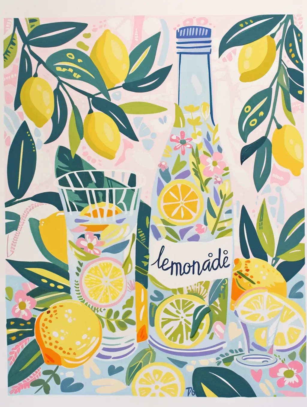 手绘夏季波西米亚风格玻璃瓶柠檬水插图绘画海报midjourney关键词咒语 - Ai宇宙吧--Ai宇宙吧-