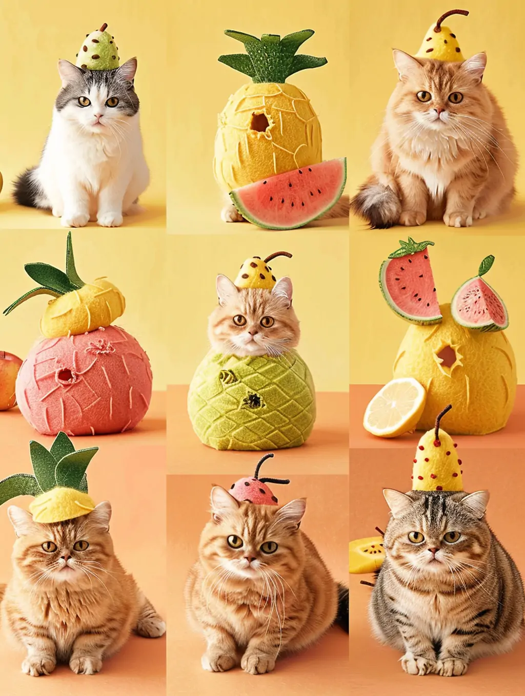 创意可爱猫咪水果帽子姿势艺术摄影海报midjourney关键词咒语-Ai宇宙吧-