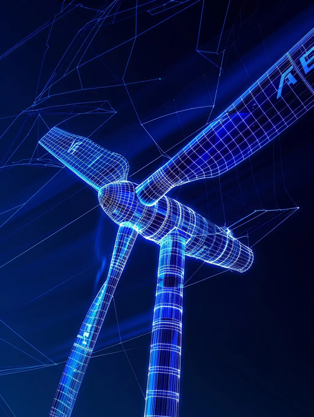 蓝色科技光效线条风车涡轮机轮廓结构海报midjourney关键词咒语 - Ai宇宙吧--Ai宇宙吧-