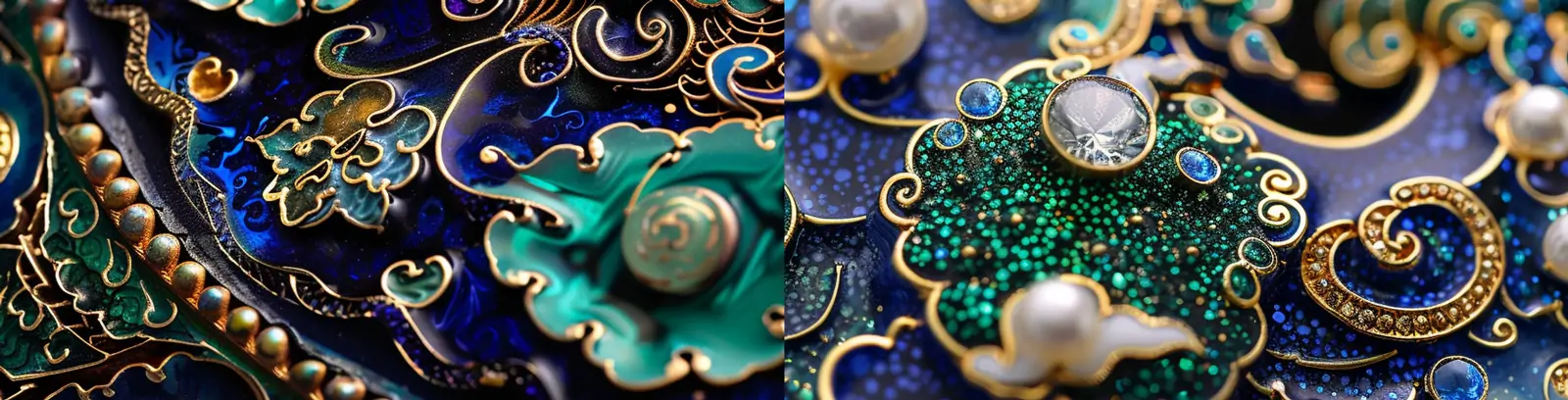 中国风奢华古代蓝色景泰蓝珐琅宝石装饰品花纹图案midjourney关键词咒语